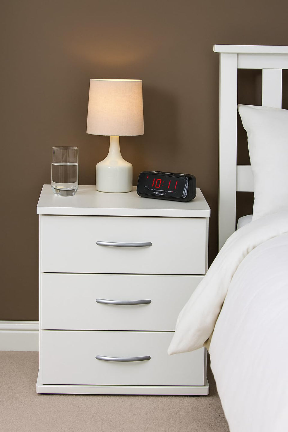 Cavo Alpine White Bedside Table 45cm Wide 3 Drawer Bedroom Furniture Storage