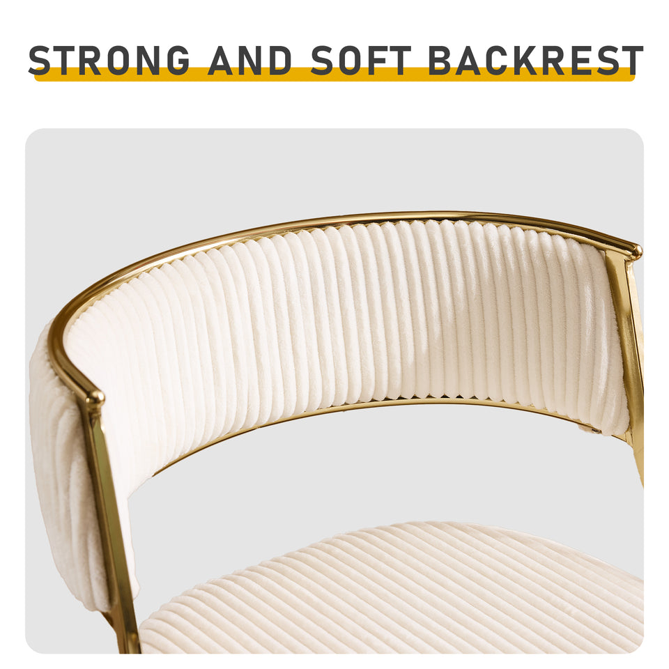 Set of 2 Velvet Bar Stools - Off-White Ribbed Counter Height Chairs with Gold Legs