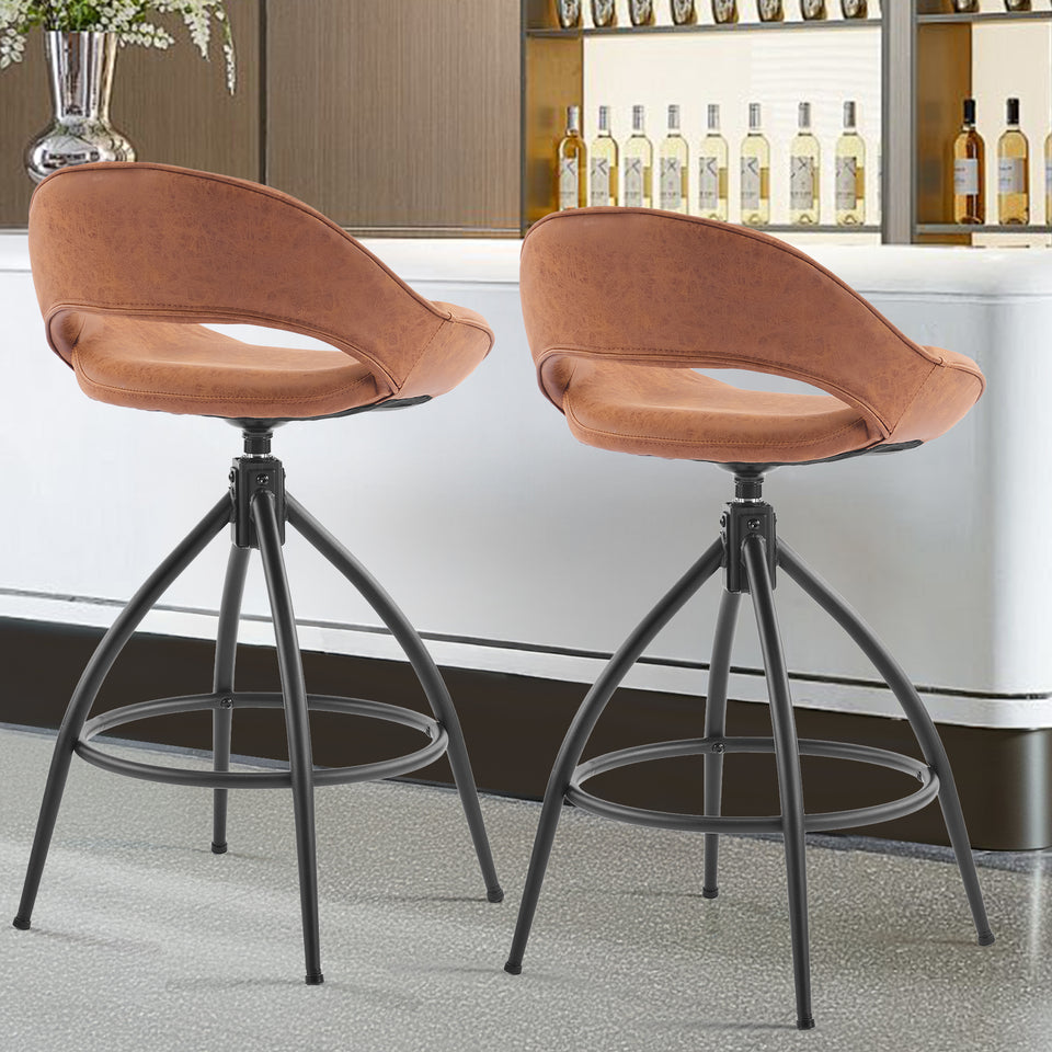 Swivel Bar Stools Set of 2 Brown PU Leather 360° Counter Height Chairs Mid Century Kitchen Dining Room Furniture