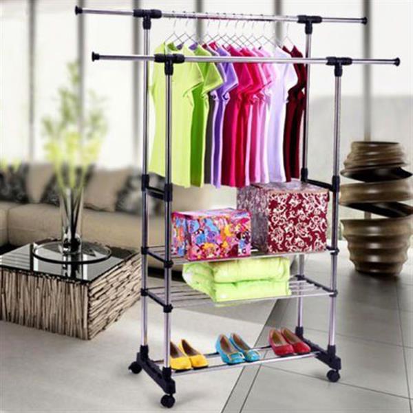 Dual Bars Horizontal & Vertical Telescope Style 3 Tiers Stainless Steel Clothing Garment Portable Wardrobe Shoe Rack B