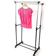 Dual-bar Vertical & Horizontal Stretching Stand Clothes Rack Portable Wardrobe with Shoe Shelf Black & Silver - Lavish Kitchen Isle
