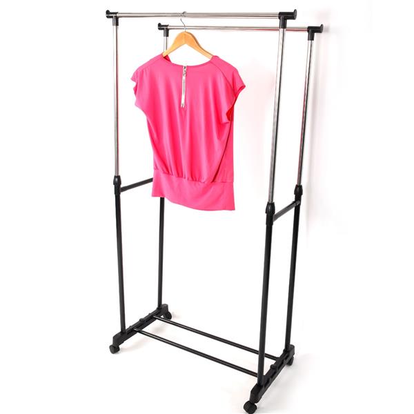 Dual-bar Vertical & Horizontal Stretching Stand Clothes Rack Portable Wardrobe with Shoe Shelf Black & Silver