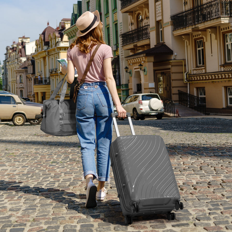 4-Piece Luggage Set - Durable PP Suitcase with Travel Tote & Toiletry Kit (Rose Gold, Red, Grey)