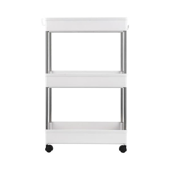 3-Layer Mobile Multi-functional Storage Cart,Suitable for Kitchen, Bathroom, Laundry Room Narrow Place, Plastic and Stainless Steel, White