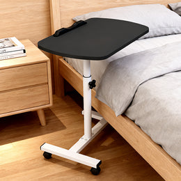 Black adjustable overbed table with wheels from Lavish Kitchen Isle, suitable for home or medical use, shown with a sleek tabletop.