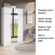 White High Gloss 3 Door Mirrored Wardrobe – Modern Bedroom Storage with Hanging Rail & Shelves
