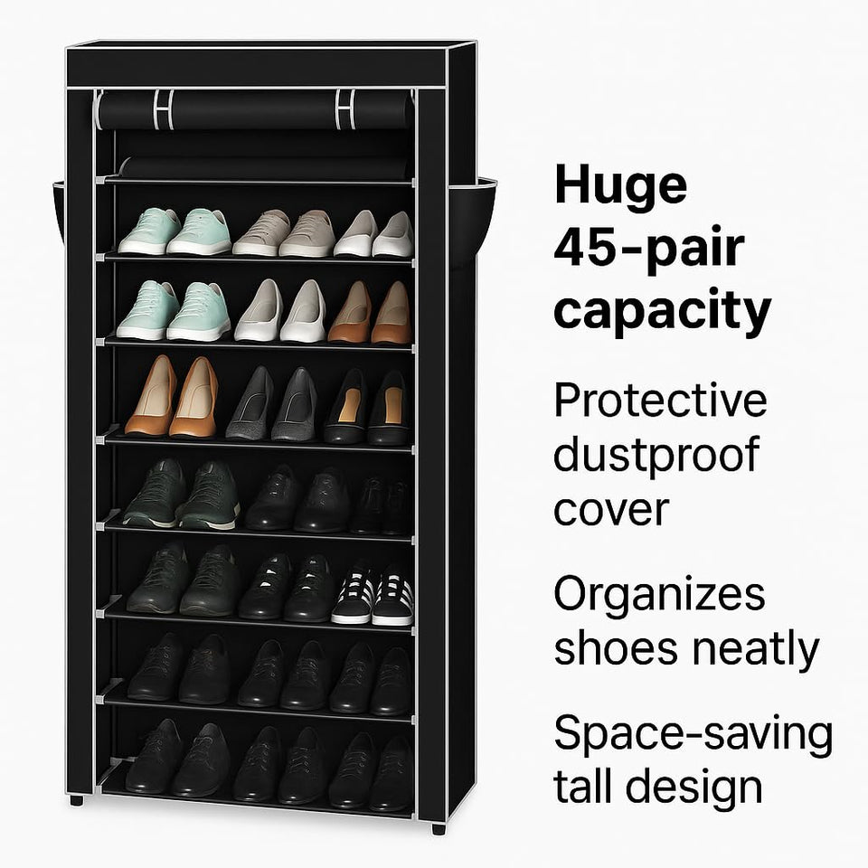 10 Tiers Shoe Rack with Dustproof Cover Closet Shoe Storage Cabinet Organizer Black