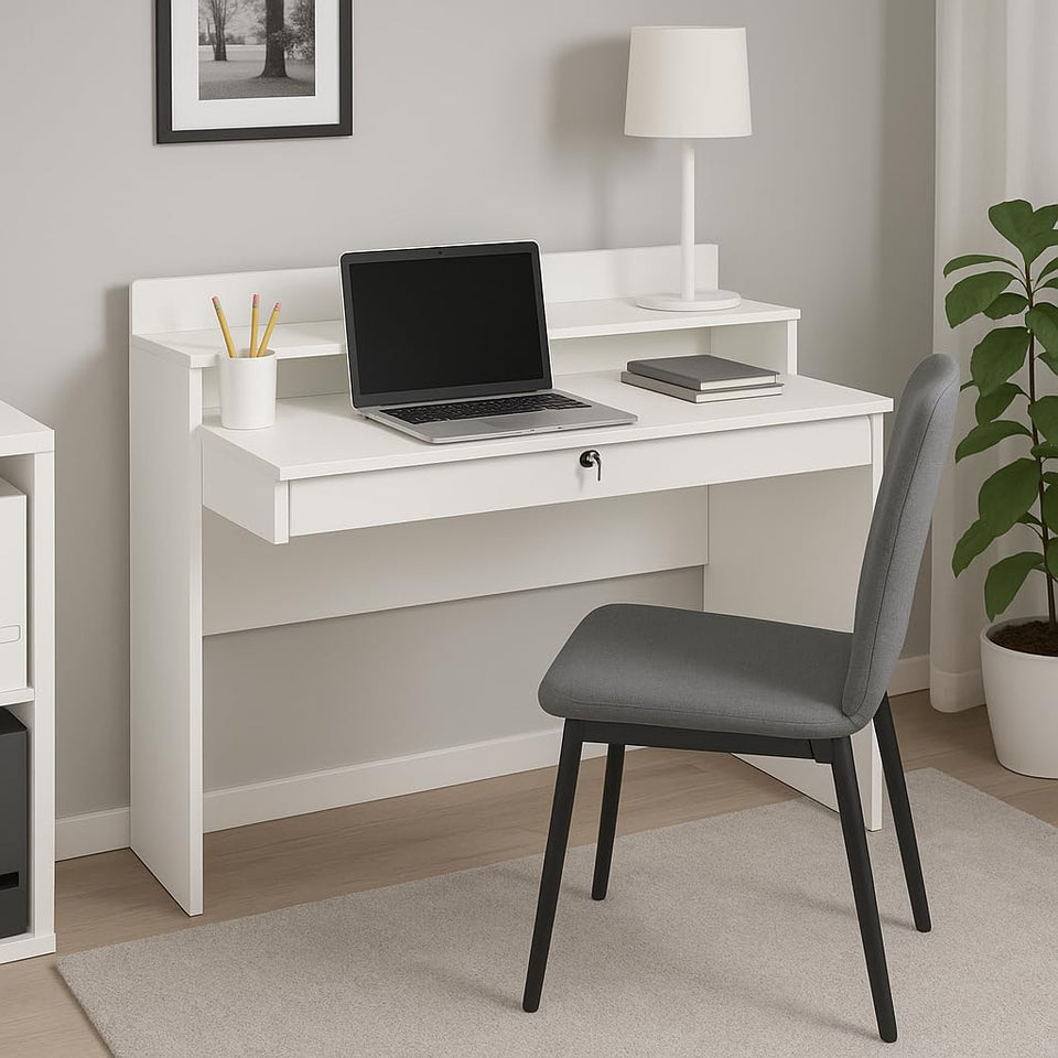 Arctic Elegance White High Gloss 2-Drawer Office Desk Table Modern Flap Dressing Table for Home and Workspace