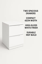 Opale White Gloss Bedside Table 42cm Wide - 2 Drawer Bedroom Furniture Storage - Lavish Kitchen Isle