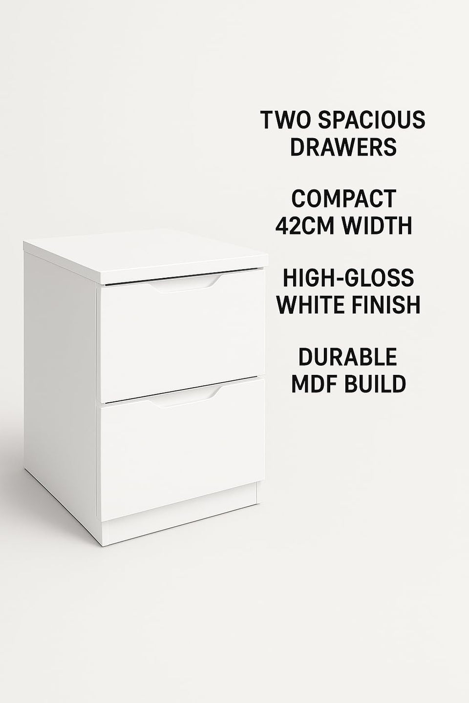 Opale White Gloss Bedside Table 42cm Wide - 2 Drawer Bedroom Furniture Storage