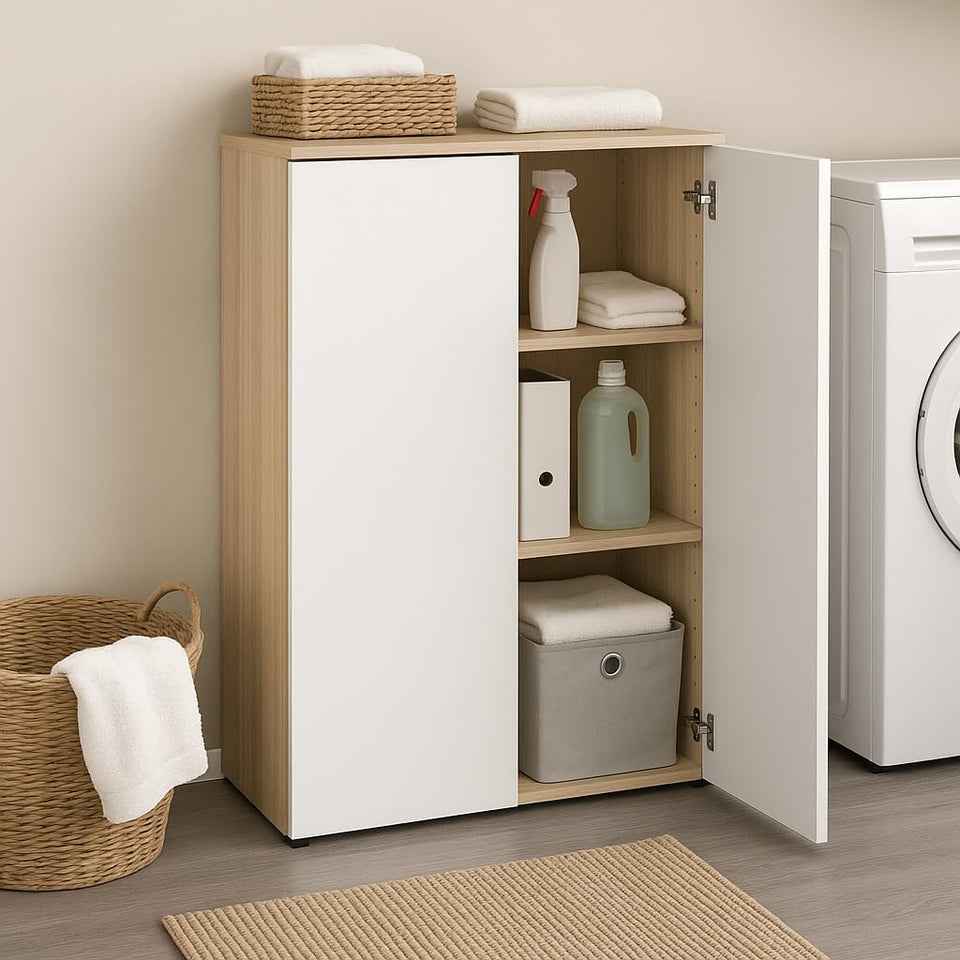 Oak and White Storage Cupboard with 2 Shelves and 2 Doors