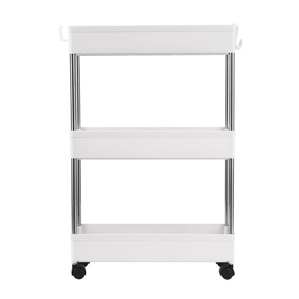 3-Layer Ultra-thin, Mobile Multi-Functional Slim Storage Cart,Suitable for Kitchen, Bathroom, Laundry Room Narrow Place, Plastic and Stainless Steel, White