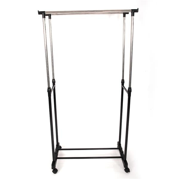 Dual-bar Vertical & Horizontal Stretching Stand Clothes Rack Portable Wardrobe with Shoe Shelf Black & Silver