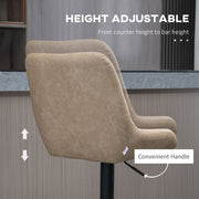 Pair of HOMCOM upholstered retro bar stools with adjustable swivel seats and supportive backs, ideal for kitchen or bar area.