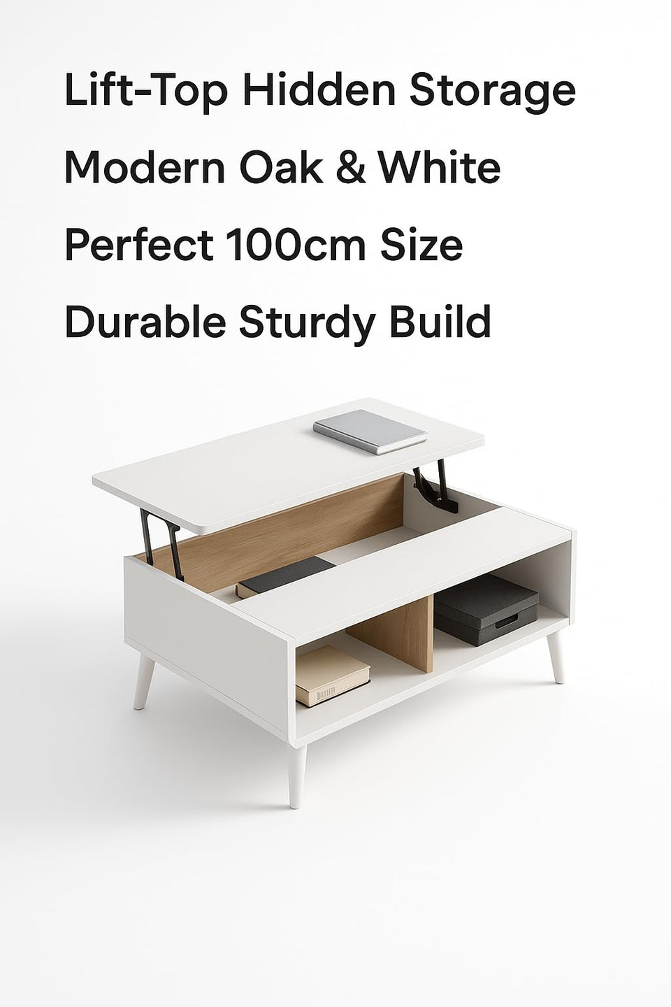 Contemporary Coffee Table with Storage Compartment – Oak and White