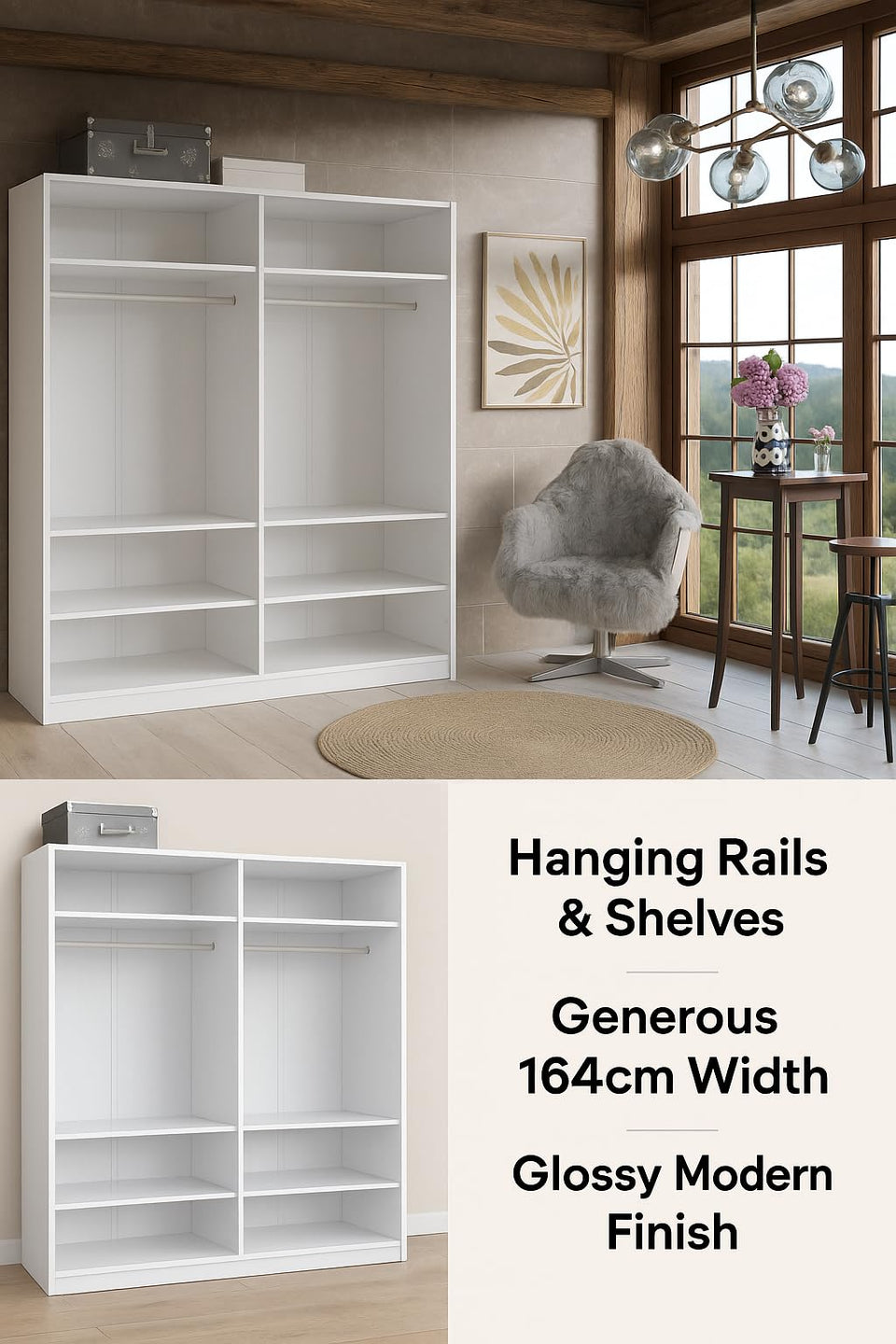 White High Gloss 4 Door Mirrored Wardrobe – Modern Bedroom Storage with Shelves & Rails