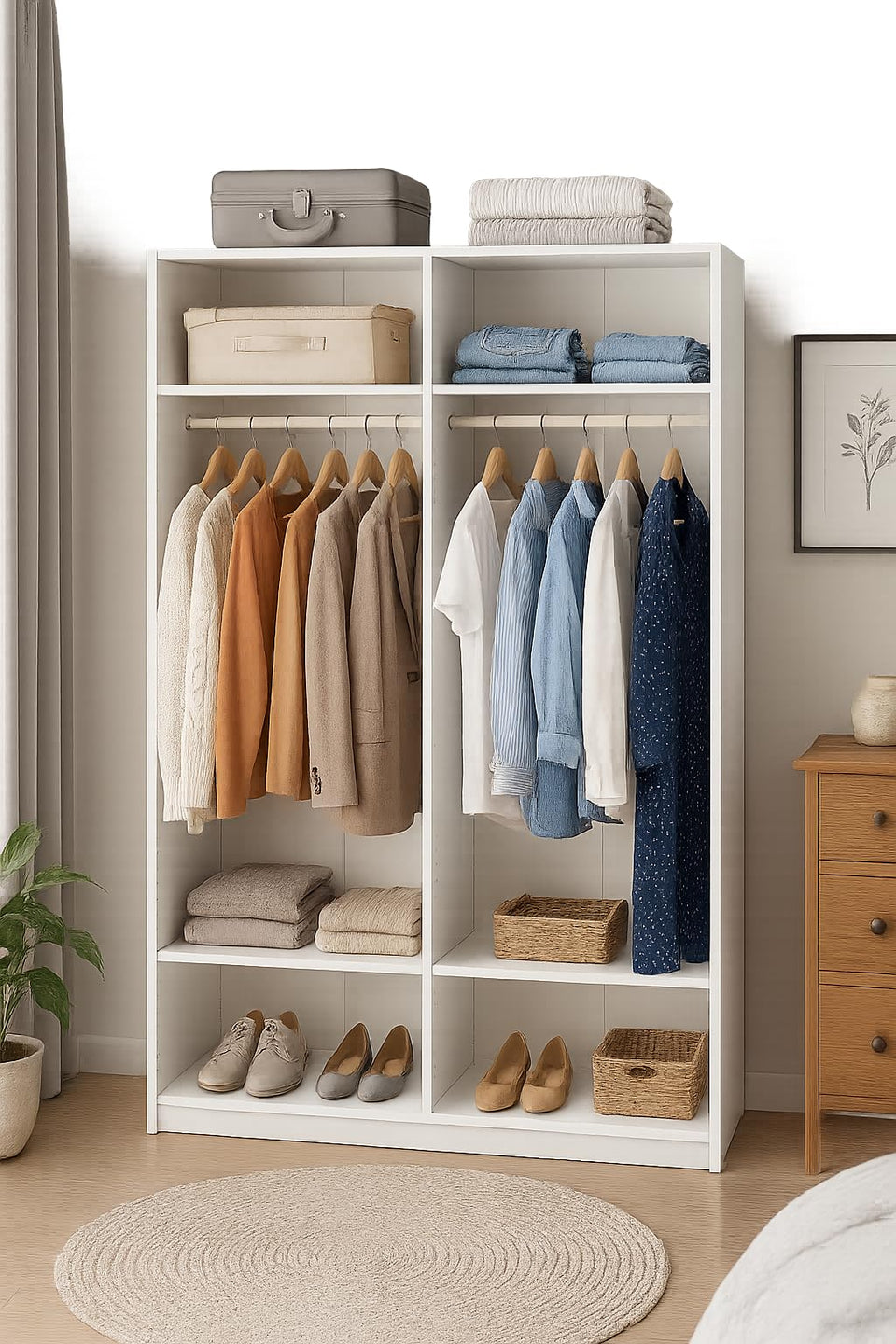 White High Gloss 4 Door Mirrored Wardrobe – Modern Bedroom Storage with Shelves & Rails