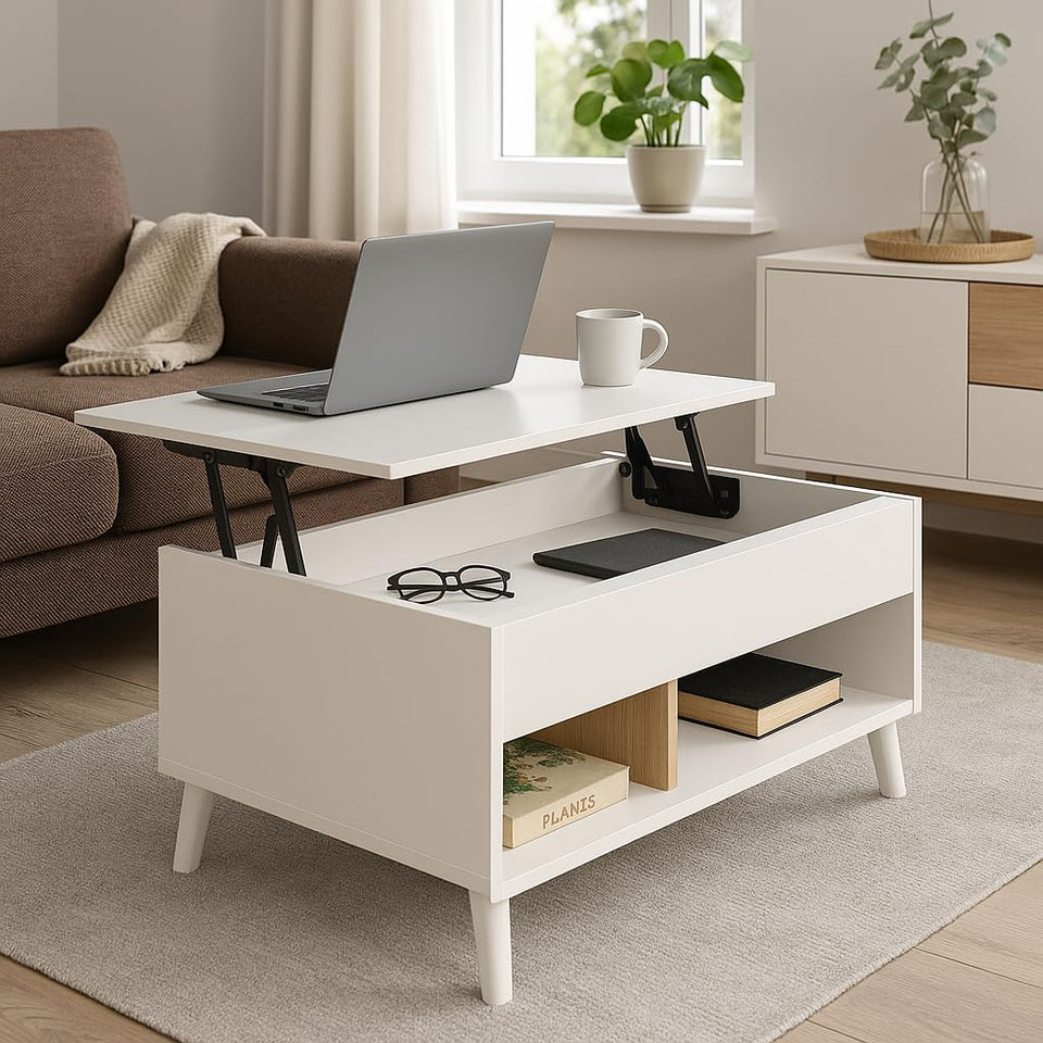 Contemporary Coffee Table with Storage Compartment – Oak and White