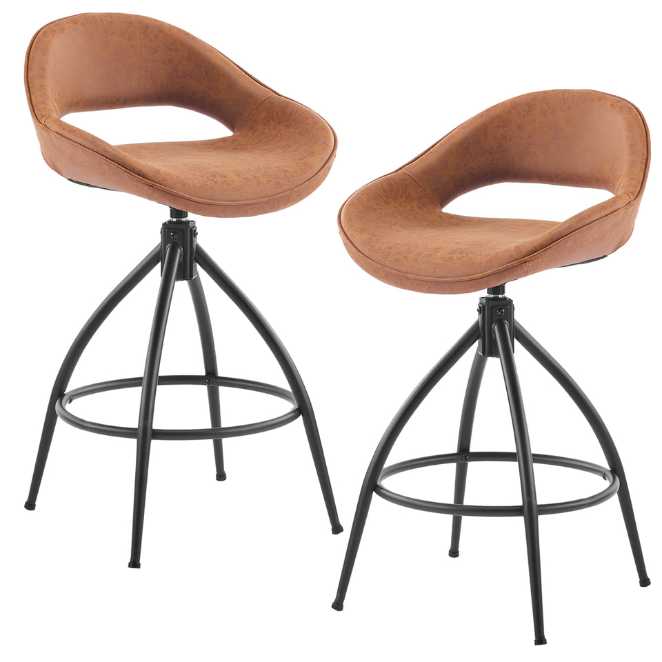 Swivel Bar Stools Set of 2 Brown PU Leather 360° Counter Height Chairs Mid Century Kitchen Dining Room Furniture