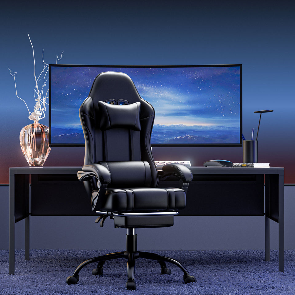 Ergonomic Gaming Chair with Footrest - Black Faux Leather Reclining PC Desk Chair