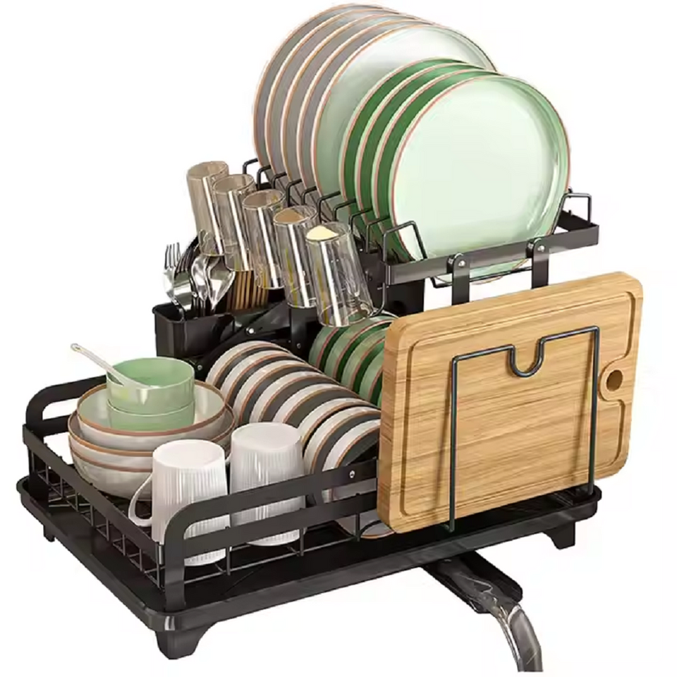 2-Tier Dish Drying Rack with Drainboard & Swivel Spout - Black Carbon Steel Dish Drainer