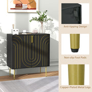 Black and Gold Embossed Sideboard Kitchen Cabinet with Adjustable Shelves and Copper Plated Legs