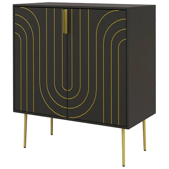 Black and Gold Embossed Sideboard Kitchen Cabinet with Adjustable Shelves and Copper Plated Legs