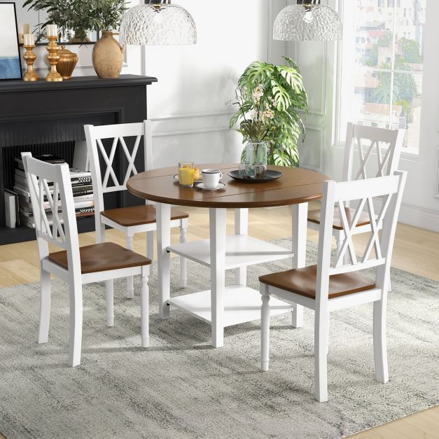 5 Pieces Extendable Dining Table Set with 2-Tier Storage Shelf