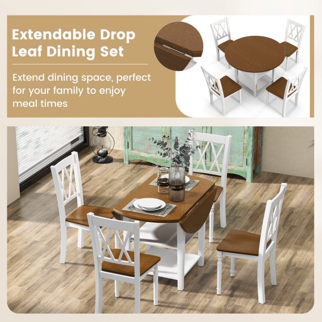5 Pieces Extendable Dining Table Set with 2-Tier Storage Shelf