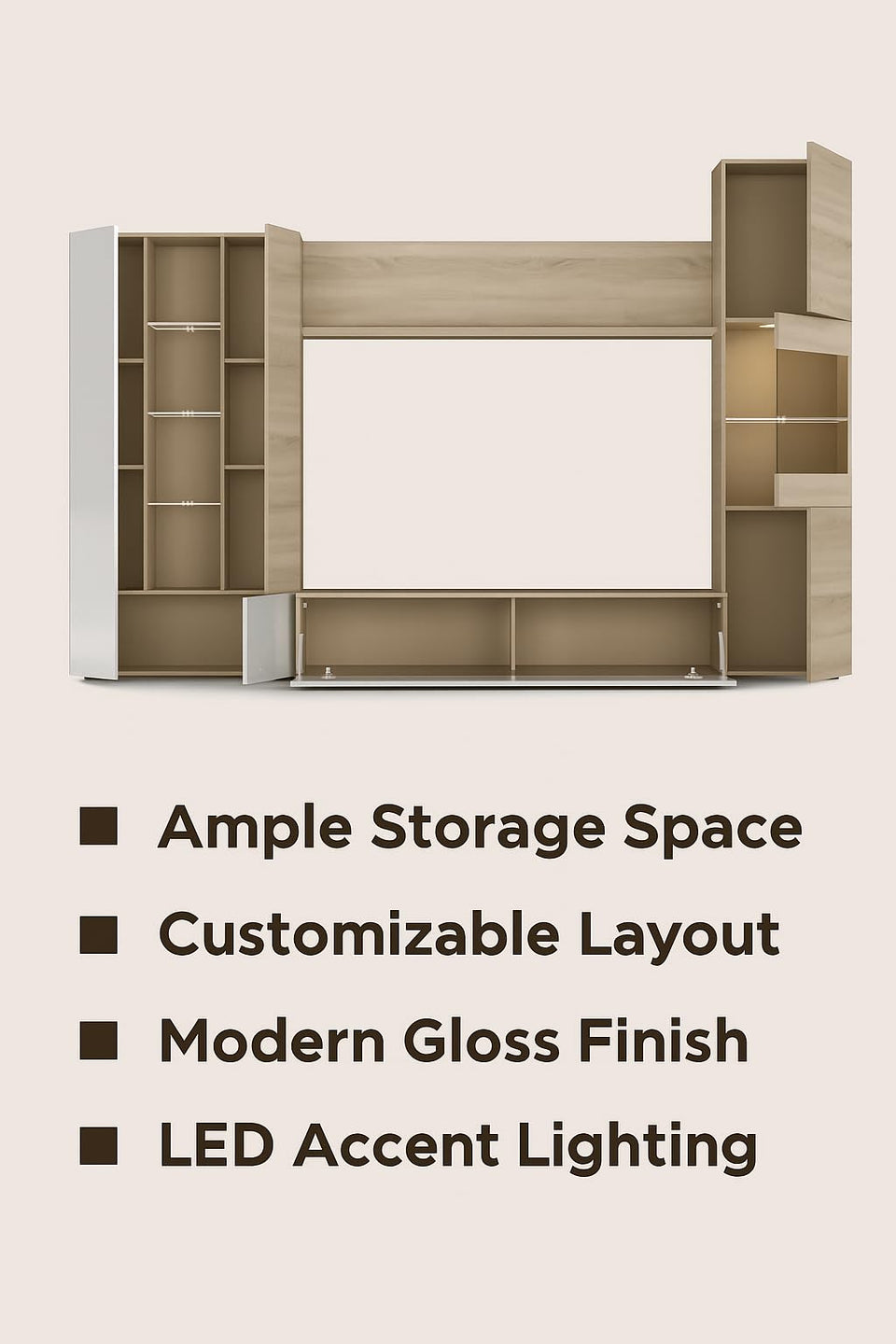 Modern White Gloss & Oak Wall Entertainment Unit with LED Lights