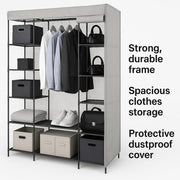 Lavish Kitchen Isle 69-inch portable clothes closet with grey and black non-woven fabric storage organizer, standing open with hanging clothes.