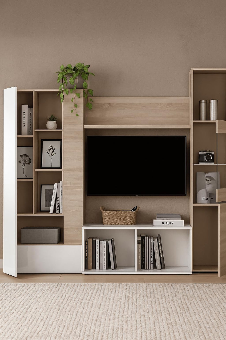 Modern White Gloss & Oak Wall Entertainment Unit with LED Lights