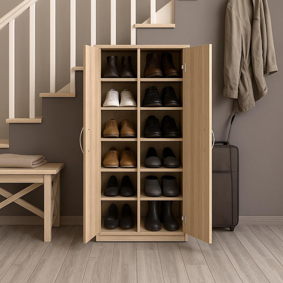 Zephyr Oak Effect Shoe Cabinet – Wooden Space-Saving Shoe Rack with 6 Shelves for 12-21 Pairs