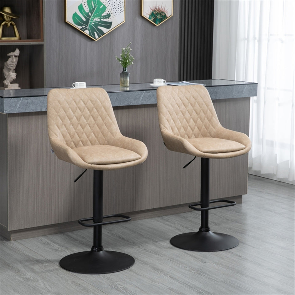 Set of 2 Green/Khaki Faux Leather Bar Stools Adjustable Swivel Kitchen, Home Bar, Café Counter Stools with Footrest