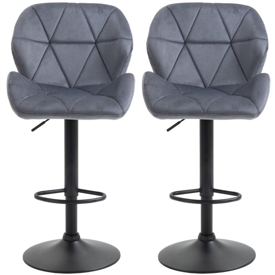 Set of 2 Dark Grey Adjustable Swivel Bar Stools | Upholstered Kitchen Counter Stools with Back for Home Bar and Café