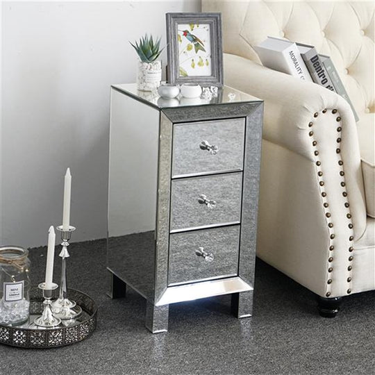 Mirrored 3 Drawer Bedside Table – Modern Glass Nightstand with Crystal Knobs 60cm