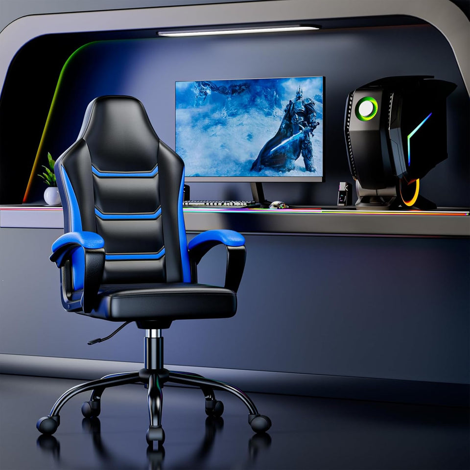 PU Leather Gaming Chair - Height Adjustable Swivel Office Chair with Metal Base (300lbs Capacity)