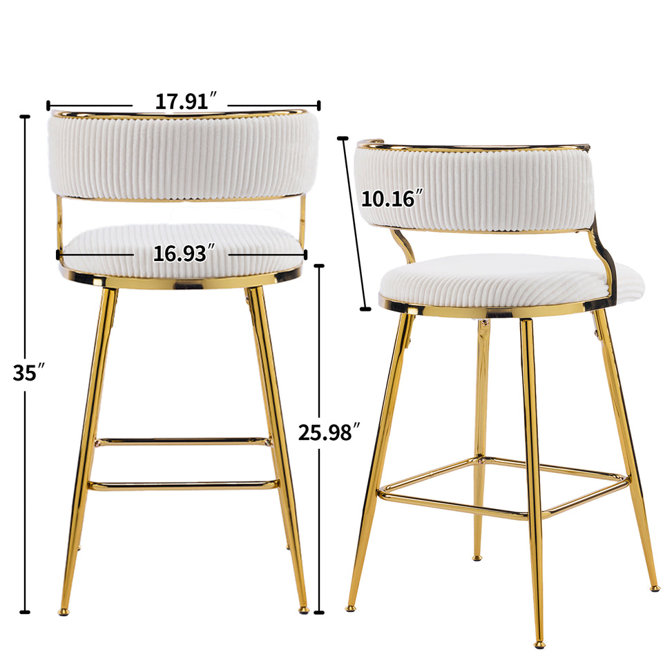 Set of 2 Velvet Bar Stools - Off-White Ribbed Counter Height Chairs with Gold Legs