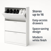 White velour shoe rack cabinet with two drawers, wooden design, holds up to 16 pairs of shoes, space-saving shoe organiser from Lavish Kitchen Isle