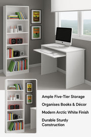Lavish Kitchen Isle Niss Arctic White five-tier shelving unit with sleek design, ideal for storage and book organization.