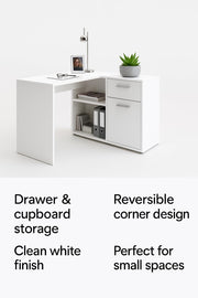 Corner White Flexi Desk with Drawer and Cupboard – Home Office Study Table, 117cm Wide