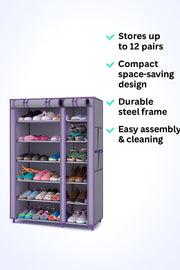 Lavish Kitchen Isle 6-row 2-line shoe rack with 12 lattice compartments, grey and coffee non-woven fabric for organized shoe storage
