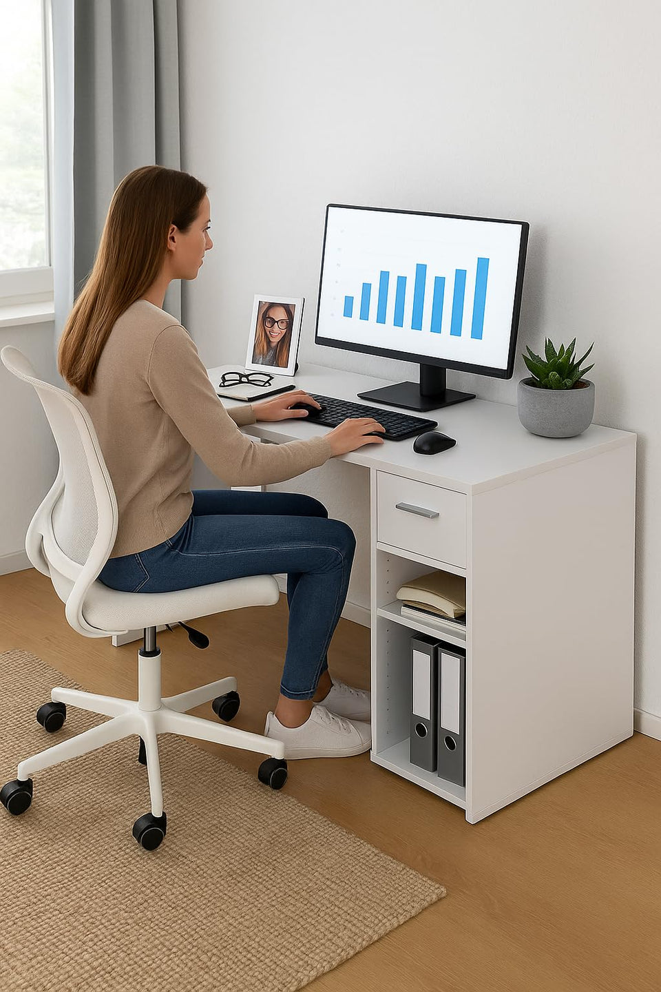Corner White Flexi Desk with Drawer and Cupboard – Home Office Study Table, 117cm Wide