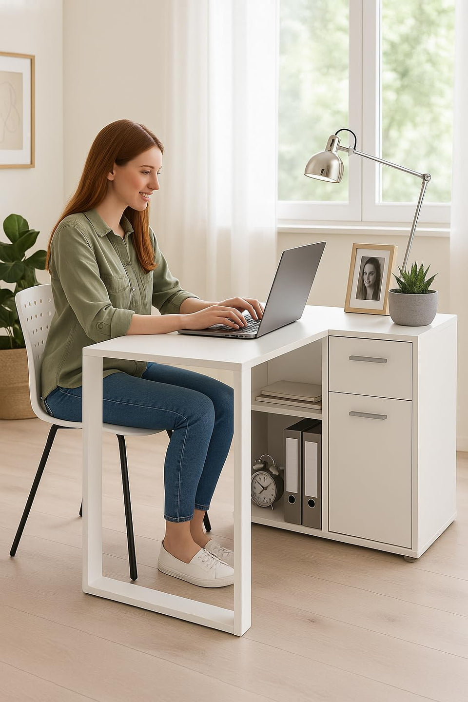Corner White Flexi Desk with Drawer and Cupboard – Home Office Study Table, 117cm Wide