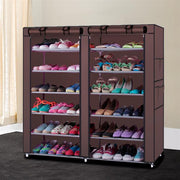Lavish Kitchen Isle 6-Row 2-Line shoe rack with 12 lattices, non-woven fabric in grey and coffee, showing organized shoe storage.
