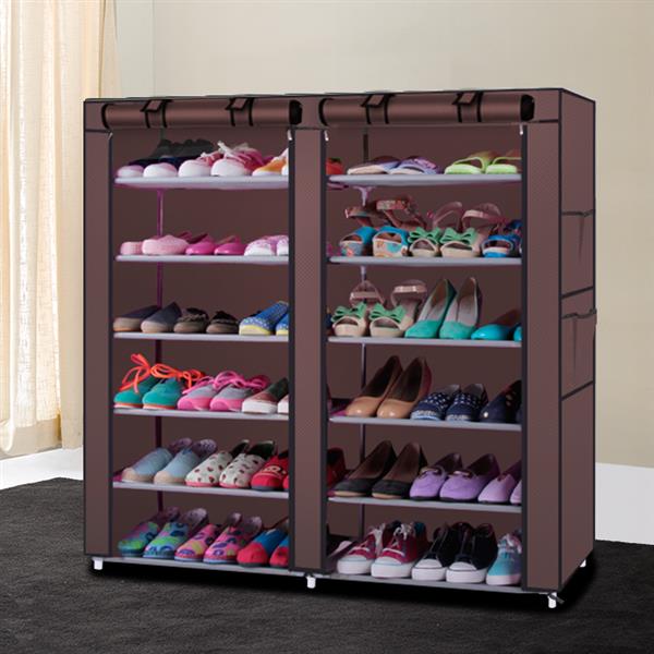 6-Row 2-Line 12 Lattices Non-woven Fabric Shoe Rack Grey and Coffee