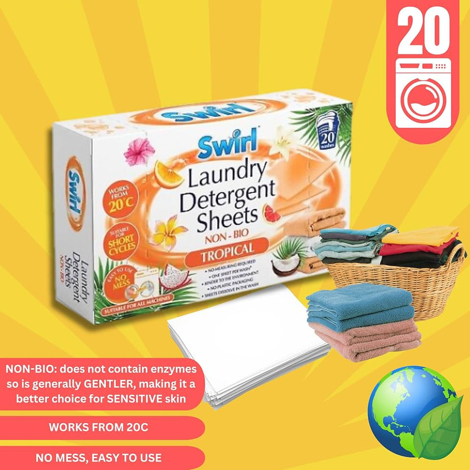 Swirl Laundry Detergent Sheets – Tropical Scent – Pack of 14 (20 Sheets Each) | Eco-Friendly, Lightweight & Travel-Friendly Washing Solution