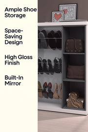 Contemporary white gloss shoe cupboard with mirror and open shelves by Lavish Kitchen Isle, showcasing a sleek modern design.