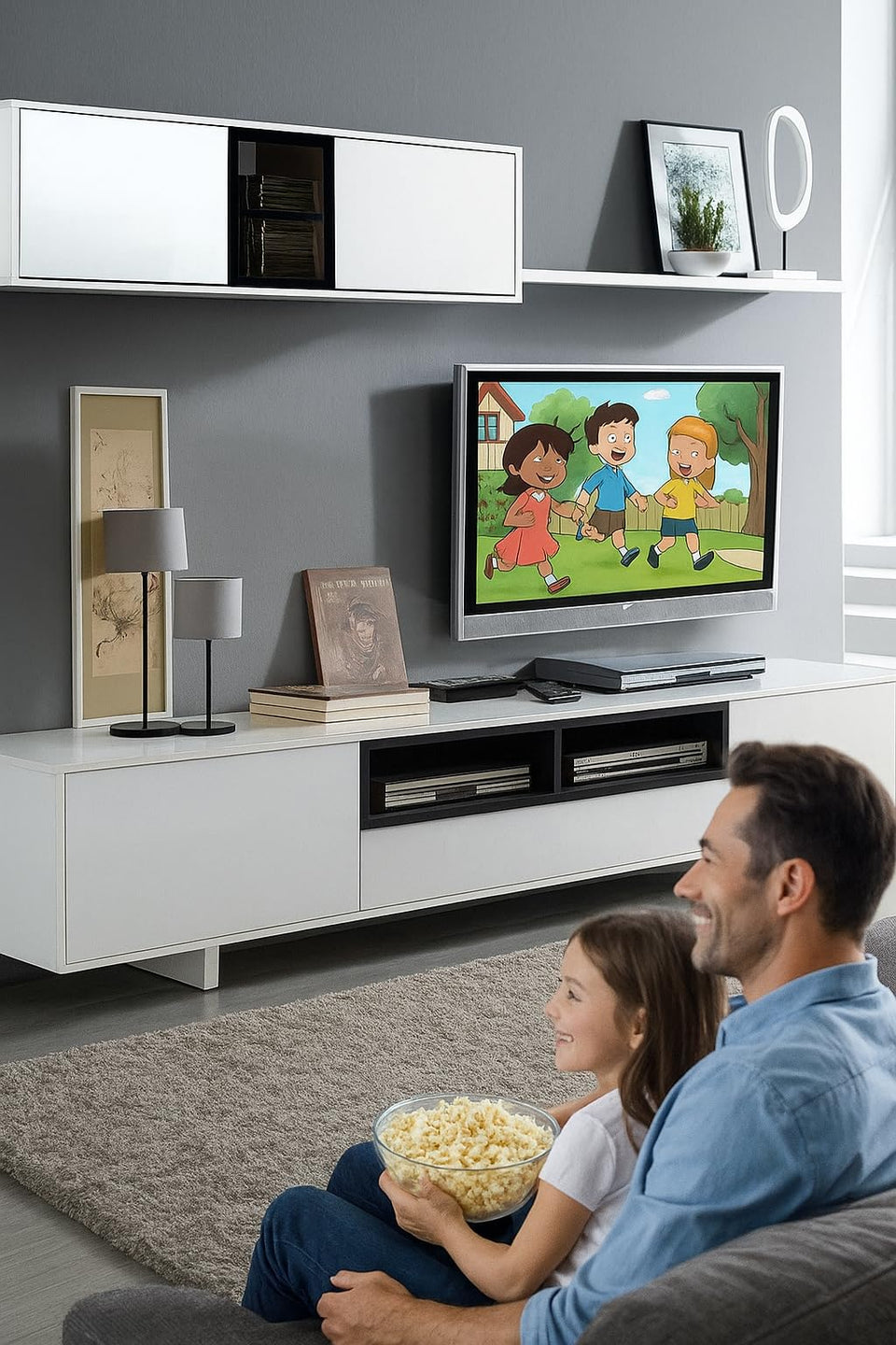 Bloom White Gloss Modern TV Stand Cabinet Unit  with Wall Shelf and Storage