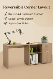 Lavish Kitchen Isle Solace Oak Effect Reversible Corner Desk with drawer and cupboard for home office or study space.